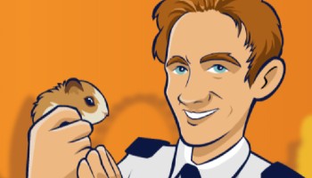 Cartoon RSPCA inspector holding a guinea pig