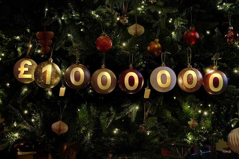 £1,000,000 numbers printed on a Christmas tree decoration.
