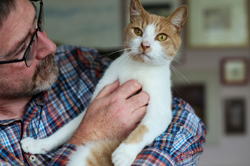 A man with a beard and glasses gently holds Dante, a ginger and white cat in his arms.