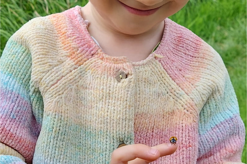 A young girl holding a ladybird on the tip of her finger
