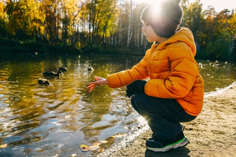 A child wearing an orange coat feeding ducks by a pond.