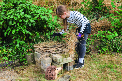 A young child placing twigs on top of piled bricks in a garden, with a stuffed animal placed at the side. 