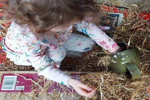 A young child kneeling on the floor filling an old ceramic teapot with straw.