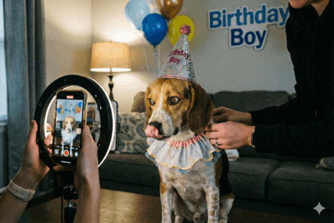 AI generated image showing an anxious dog being recorded with a mobile device for social media.