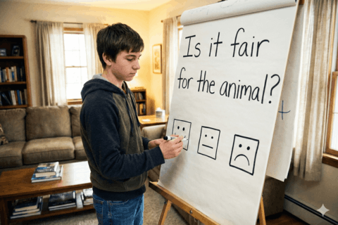 AI generated image of a teenager deciding whether the use of animals in media is fair.