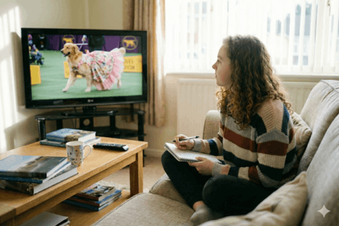 AI generated image showing a teenage girl watching a dog performance on television.