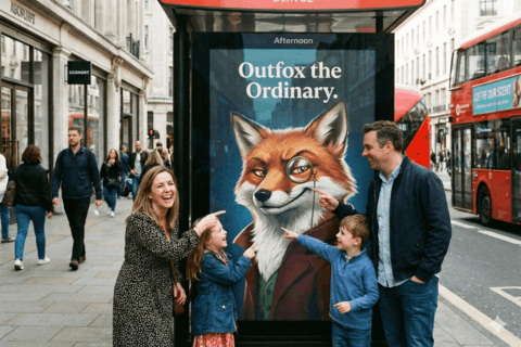 AI generated image of a family pointing to an advertisement showing a cunning picture of a fox.
