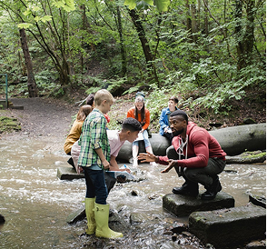 A group of children discovering a forest and stream