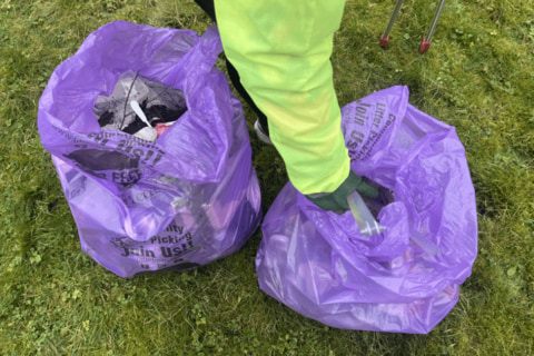 Someone filling two purple bags with litter.
