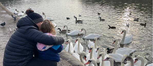 A child and her parent feeding the swans