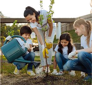 A family watering a plant