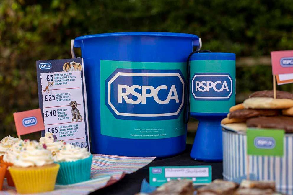 RSPCA branded collection bucket and tin nexxt to cakes for sale at a charity cake sale.