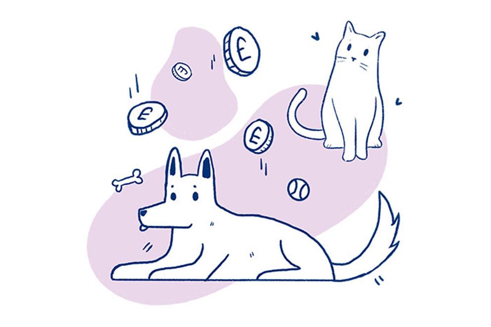 illustration of a cat and dog with coins