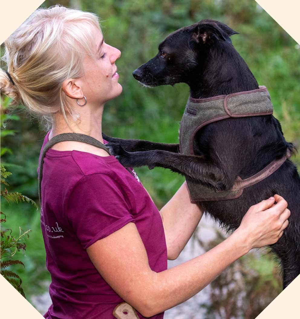 Blonde woman in red t shirt with small black dog standing on hind legs